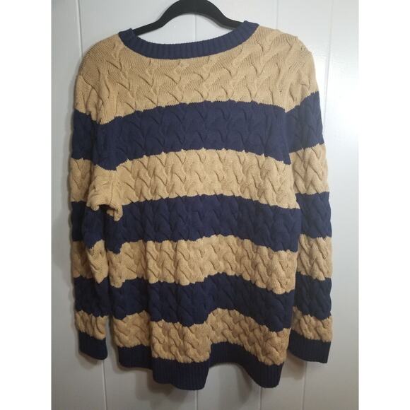 Lands End Women's Sz 1X 16/18 Navy Tan Nautical Striped Twist Cable Knit Sweater - Picture 4 of 8